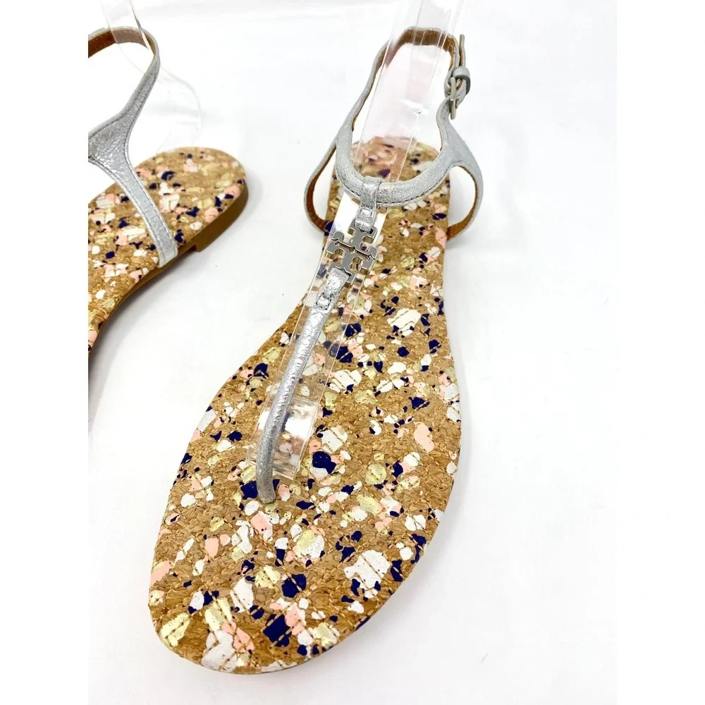 Tory Burch Silver Metallic Leather Cork Splatter Logo Thong Sandals Womens 7.5